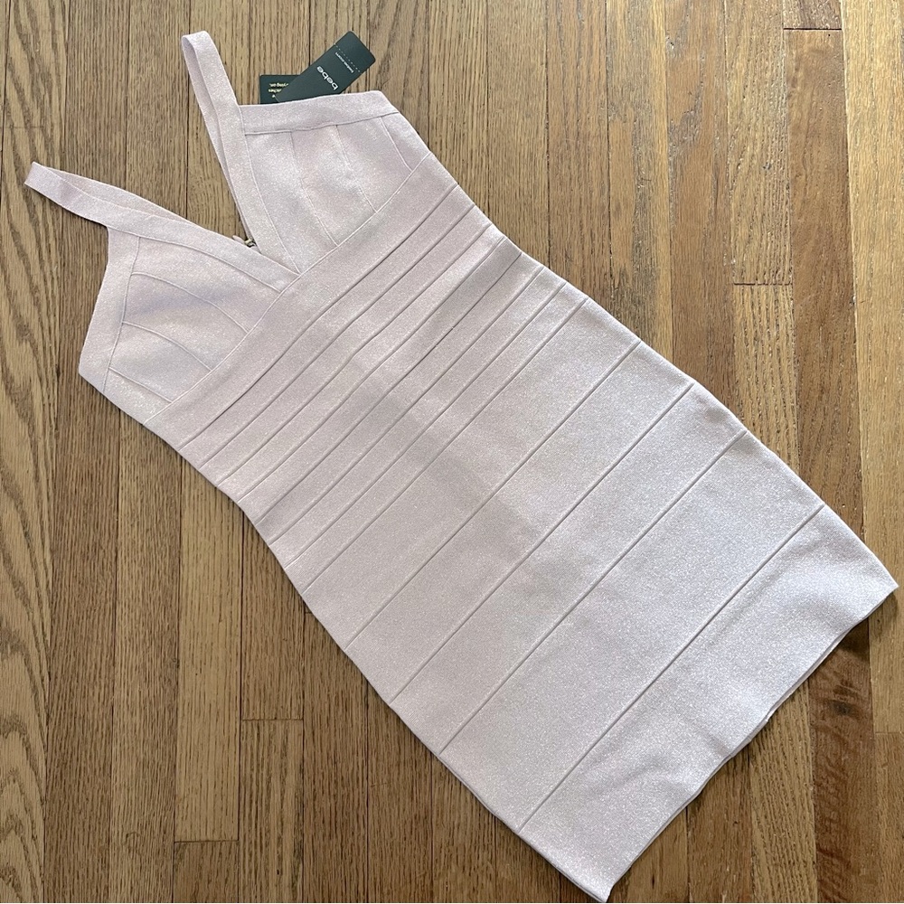 Bebe Double V Metallic Bandage Mini Dress in Rise Smoke Size Small